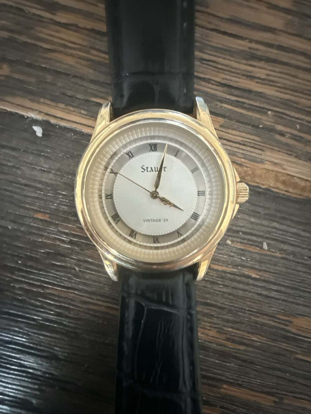 Stauer Vintage ’24 Gold-Finished Watch with Black Leather Band